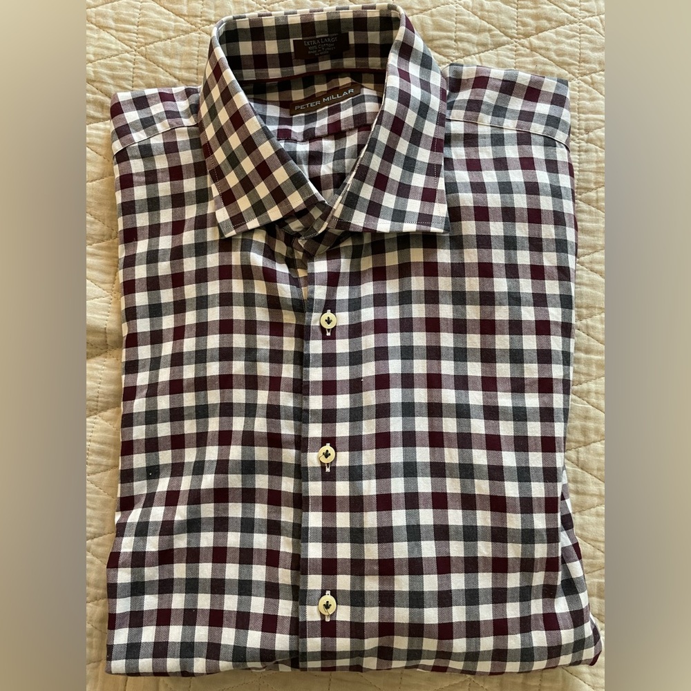 PETER MILLAR Herringbone Check Print Spread Collar Sport Shirt Burgundy Gray XL